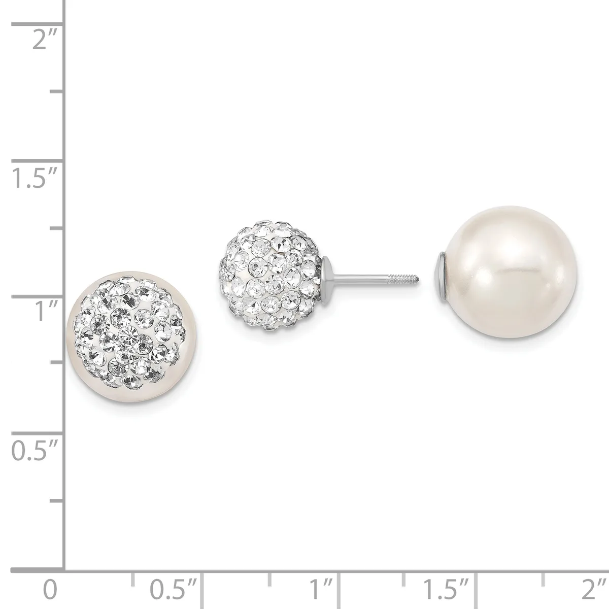 Three pairs of earrings displayed against a ruler showing measurements up to 2 inches: pearl studs, crystal-paved ball studs, and larger pearl studs.