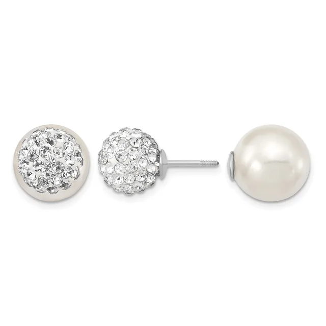 Two pairs of sterling silver stud earrings displayed side by side: one pair with crystal-filled domed spheres and one pair with white pearl spheres.