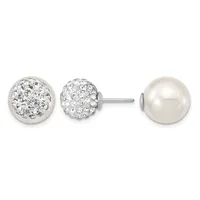Two pairs of sterling silver stud earrings displayed side by side: one pair with crystal-filled domed spheres and one pair with white pearl spheres.