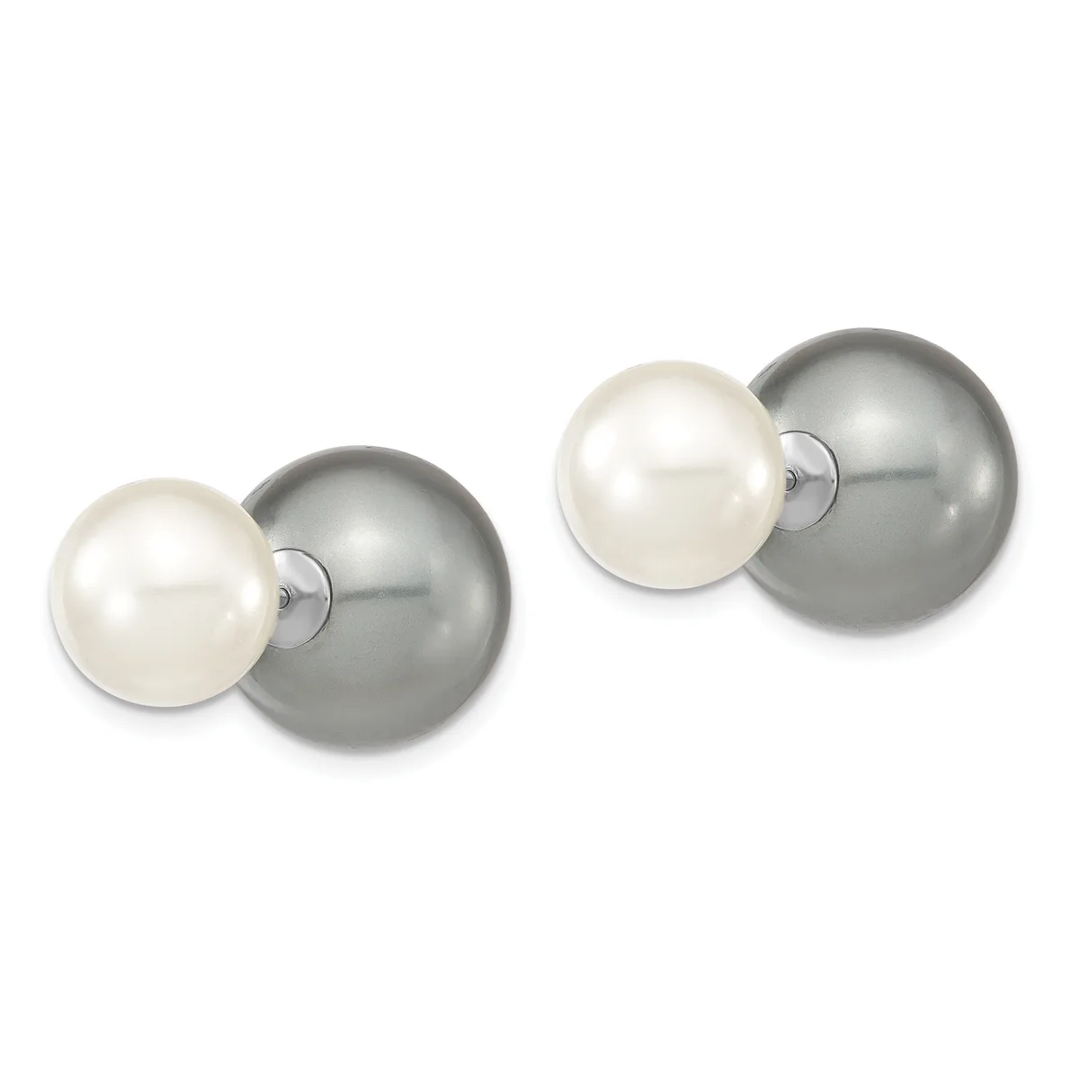 Two pairs of double-sphere earrings, each featuring a white pearl paired with a gray pearl connected by a small metal post.