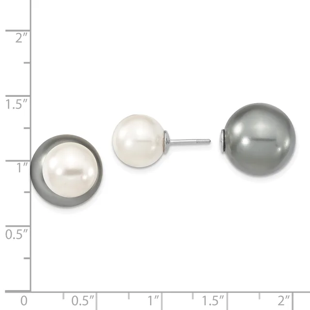 Three pearl stud earrings displayed against a measurement scale, ranging from approximately one inch to two inches in diameter, featuring white and gray pearls with metallic settings.