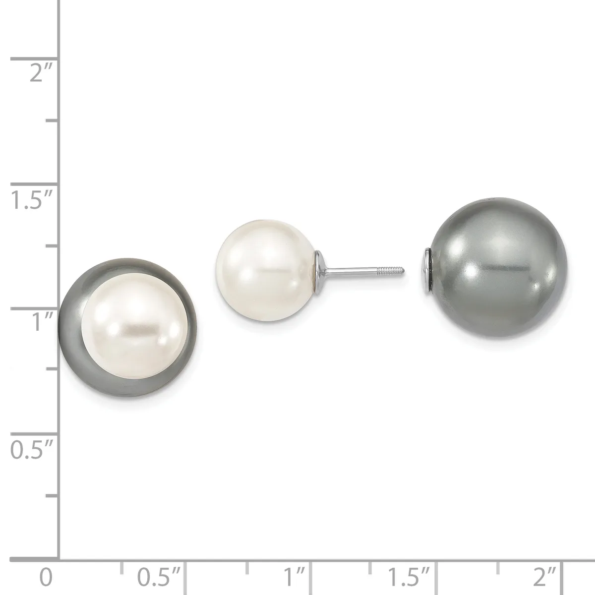 Three pearl stud earrings displayed against a measurement scale, ranging from approximately one inch to two inches in diameter, featuring white and gray pearls with metallic settings.