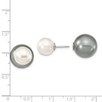 Three pearl stud earrings displayed against a measurement scale, ranging from approximately one inch to two inches in diameter, featuring white and gray pearls with metallic settings.