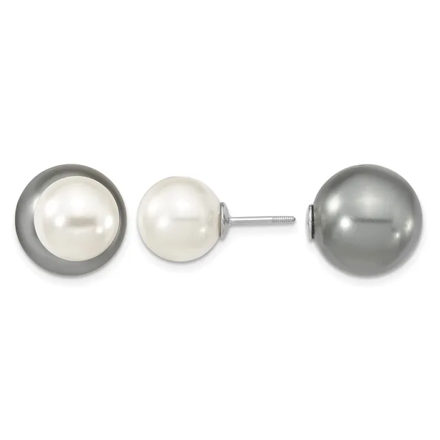 Three pearl stud earrings displayed in a row: a white pearl with gray rim on the left, a white pearl in the center, and a gray pearl on the right, each mounted on a metal post with backing.