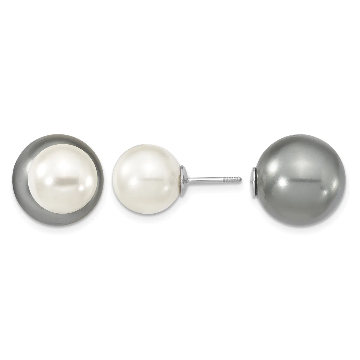 Three pearl stud earrings displayed in a row: a white pearl with gray rim on the left, a white pearl in the center, and a gray pearl on the right, each mounted on a metal post with backing.
