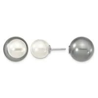 Three pearl stud earrings displayed in a row: a white pearl with gray rim on the left, a white pearl in the center, and a gray pearl on the right, each mounted on a metal post with backing.