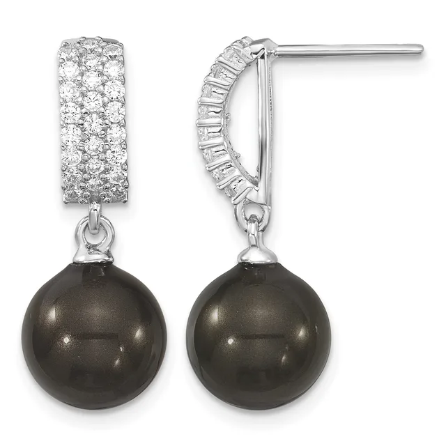 Pair of silver drop earrings with rectangular cubic zirconia pave tops and black pearl spheres hanging from short chains.