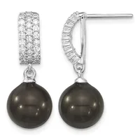 Pair of silver drop earrings with rectangular cubic zirconia pave tops and black pearl spheres hanging from short chains.