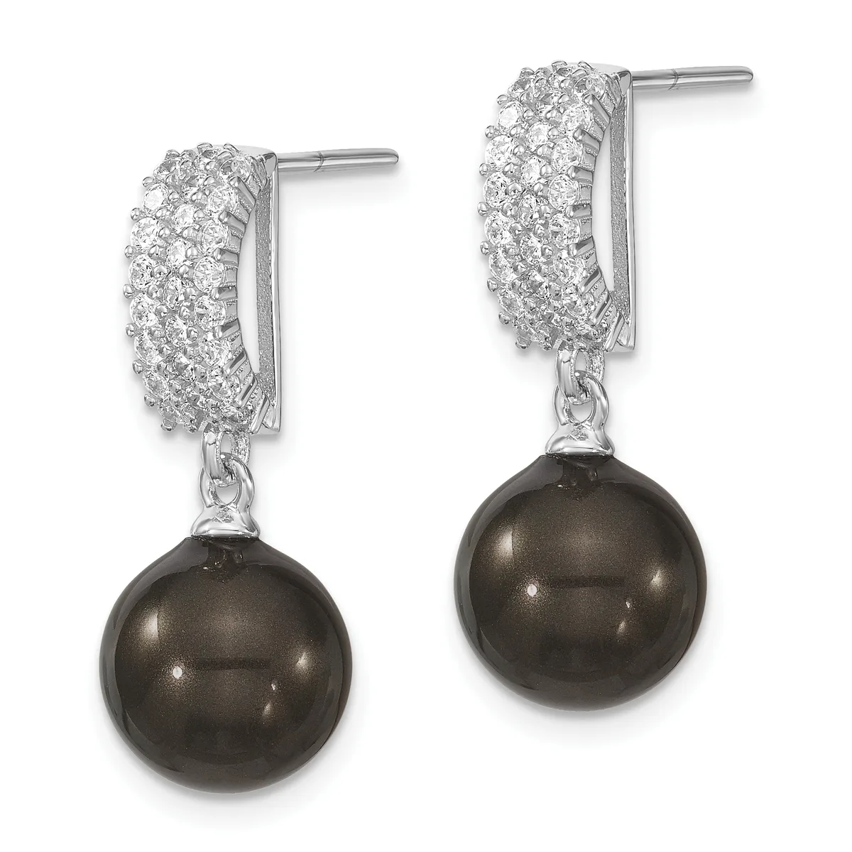 Pair of silver drop earrings with textured rectangular tops set with small diamonds and dark grey pearl drops suspended below.