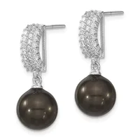 Pair of silver drop earrings with textured rectangular tops set with small diamonds and dark grey pearl drops suspended below.