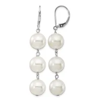 Pair of silver dangle earrings with lever backs, each featuring three graduated white pearl spheres connected by delicate chain links.