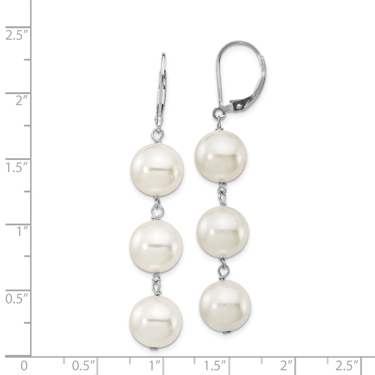 Pair of silver leverback earrings with three graduated white pearl spheres suspended on each side, displayed against a measurement scale.