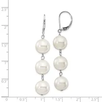 Pair of silver leverback earrings with three graduated white pearl spheres suspended on each side, displayed against a measurement scale.
