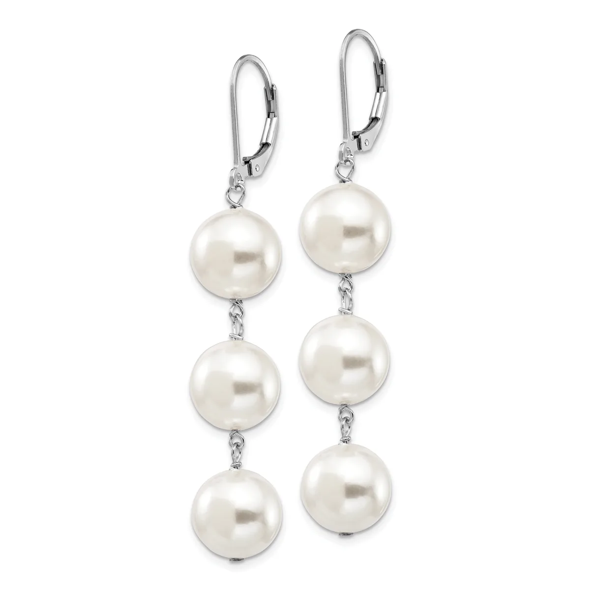A pair of silver lever-back earrings featuring three graduated white pearls connected by small chain links on each earring.