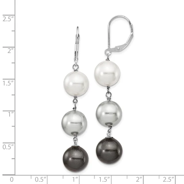 A pair of silver leverback earrings with graduated pearl drops in white, gray, and black, displayed against a measurement scale showing approximately 2.5 inches in length.
