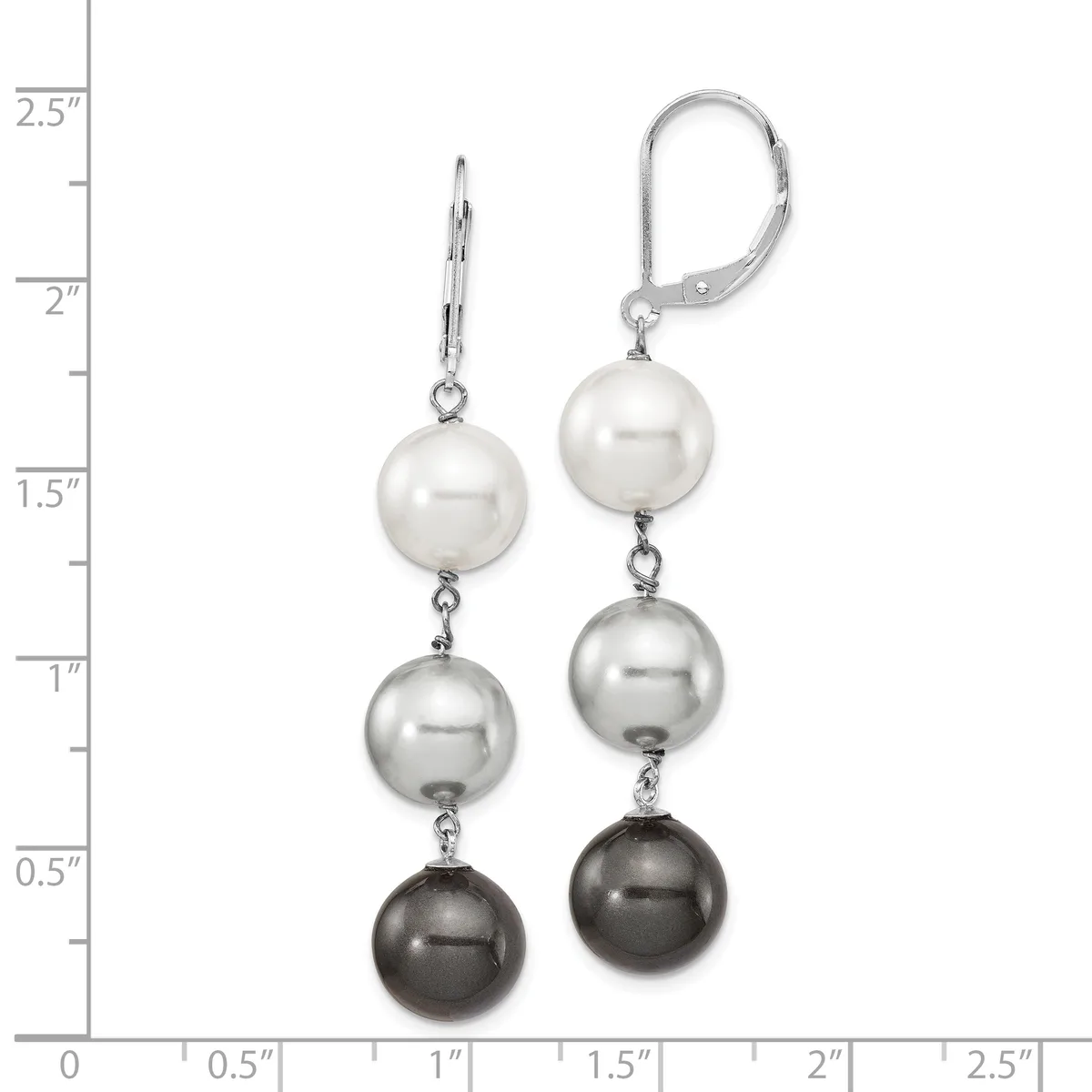 A pair of silver leverback earrings with graduated pearl drops in white, gray, and black, displayed against a measurement scale showing approximately 2.5 inches in length.