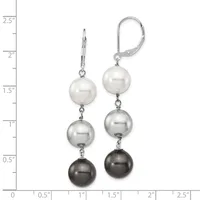 A pair of silver leverback earrings with graduated pearl drops in white, gray, and black, displayed against a measurement scale showing approximately 2.5 inches in length.
