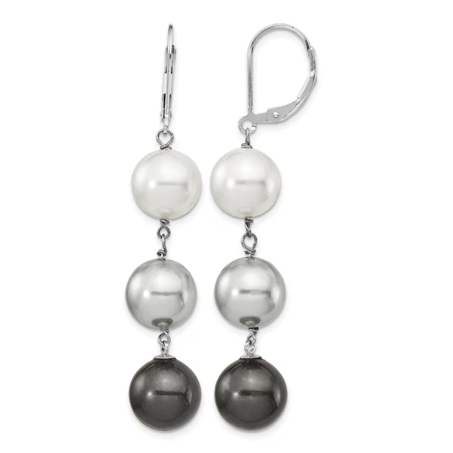 Pair of leverback earrings with three graduating pearl spheres in white, silver, and black suspended from silver-tone metal chains and hooks.