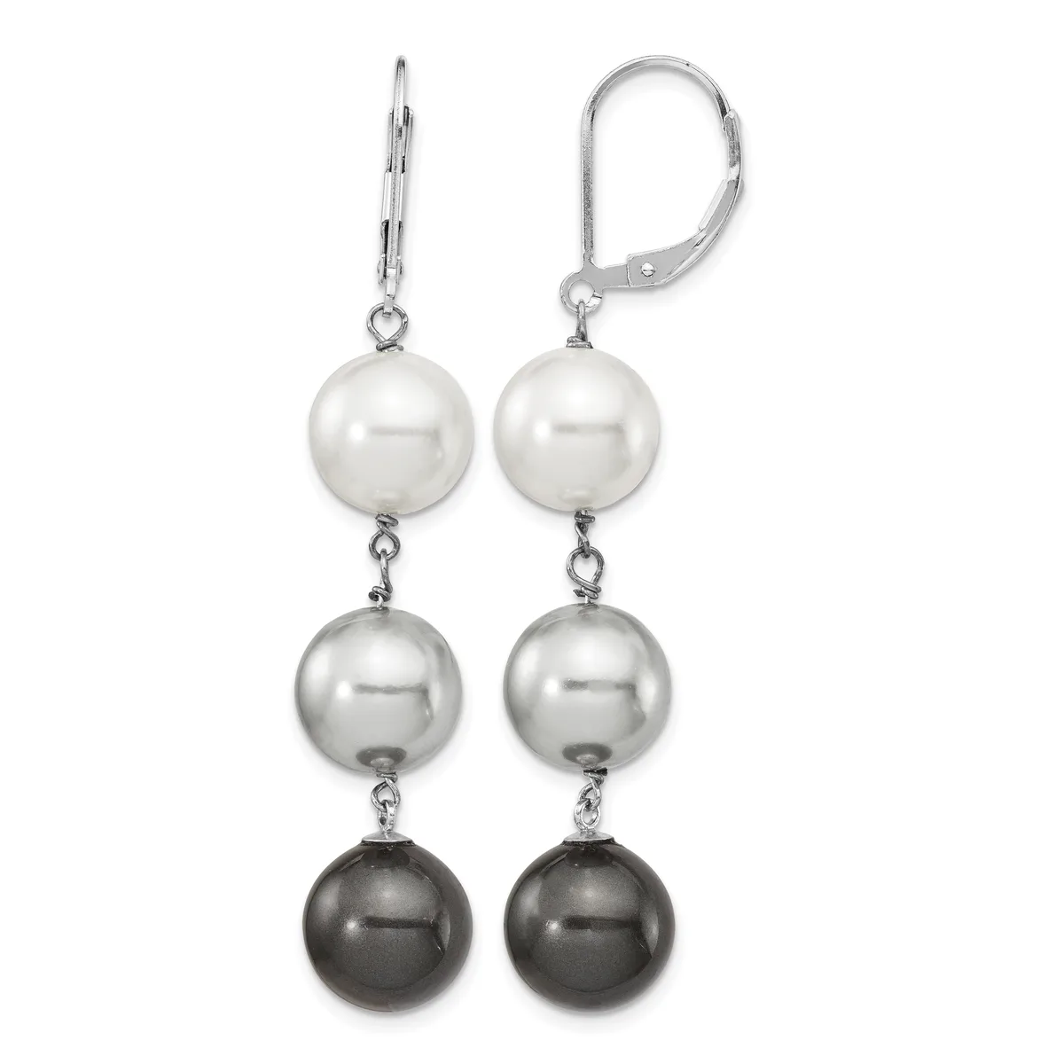 Pair of leverback earrings with three graduating pearl spheres in white, silver, and black suspended from silver-tone metal chains and hooks.