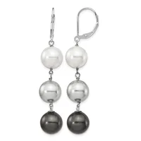 Pair of leverback earrings with three graduating pearl spheres in white, silver, and black suspended from silver-tone metal chains and hooks.