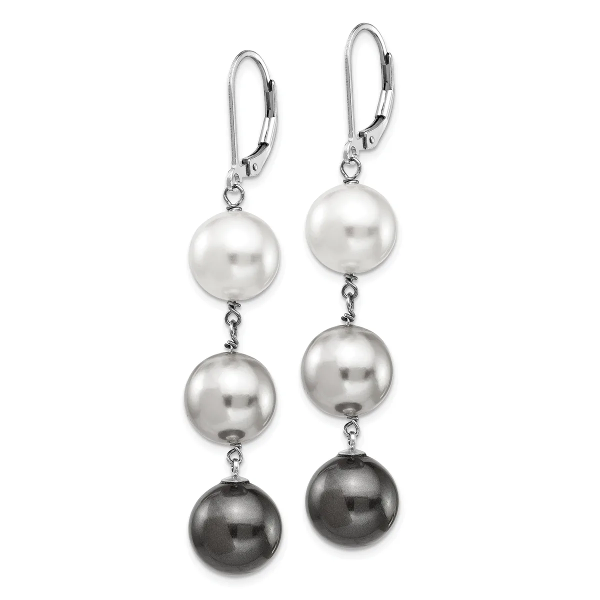 A pair of silver lever-back earrings with three graduating pearl spheres suspended vertically from each ear, transitioning from white to gray to black.