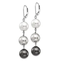 A pair of silver lever-back earrings with three graduating pearl spheres suspended vertically from each ear, transitioning from white to gray to black.