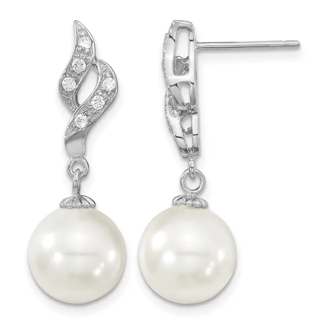 Pair of silver dangle earrings featuring twisted ribbon tops with cubic zirconia stones and round white pearl drops, shown from front and side views.