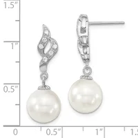 Pair of silver drop earrings with cubic zirconia-paved curved tops and white pearl spheres, shown with measurement scale indicating approximately 1.25 inches in length.