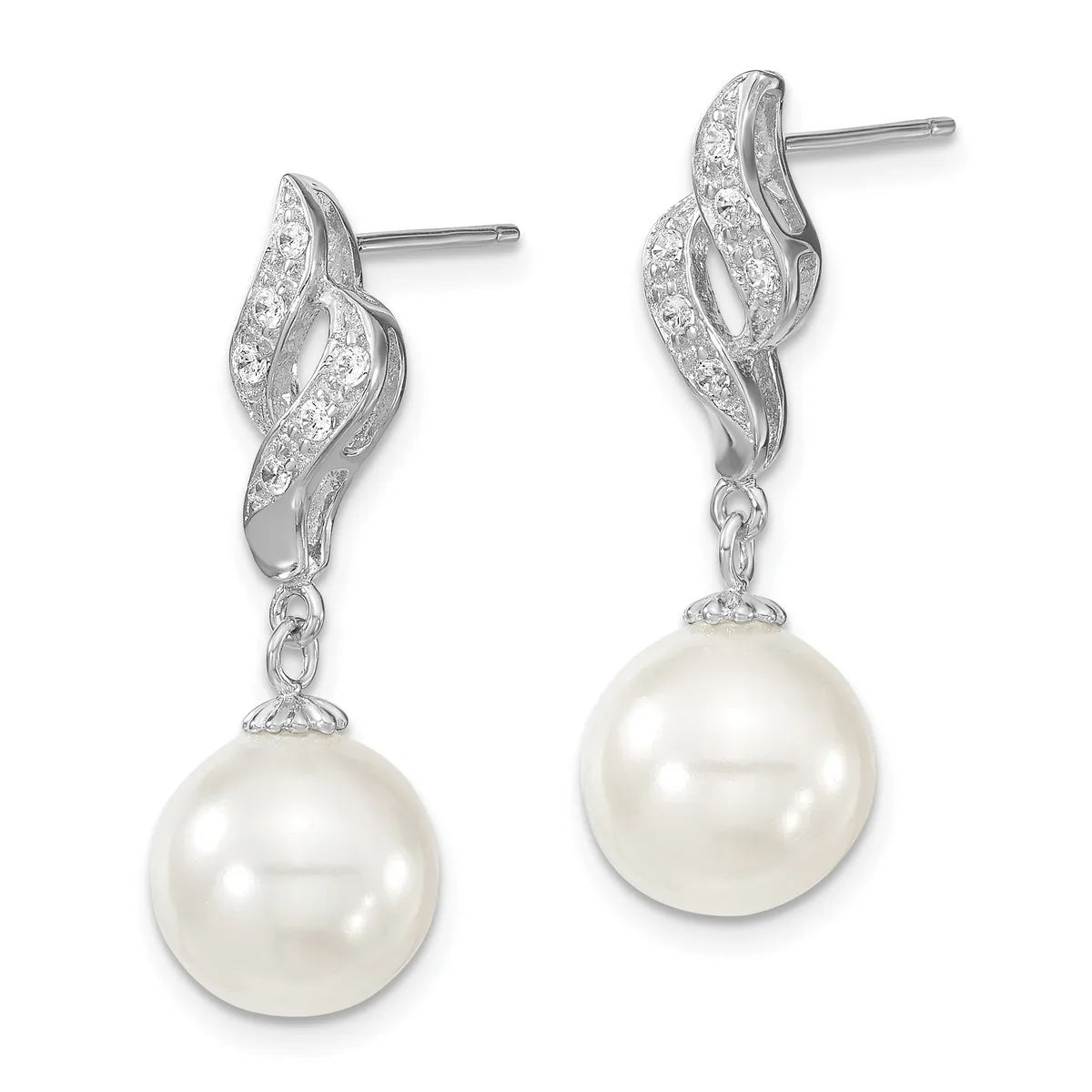 Pair of silver drop earrings with twisted diamond-paved tops and white pearl pendants, shown from front and side views.