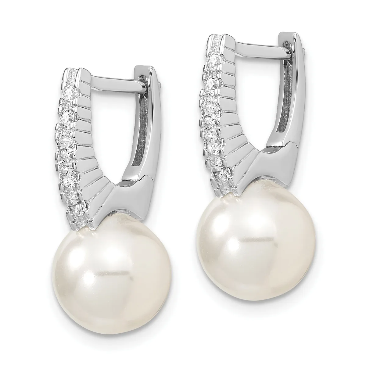 Pair of silver hoop earrings with cubic zirconia accents along the upper curved edge and round white pearl drops suspended below.