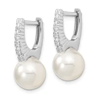 Pair of silver hoop earrings with cubic zirconia accents along the upper curved edge and round white pearl drops suspended below.