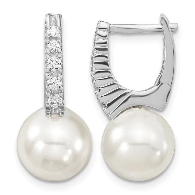 Pair of silver hoop earrings with diamond-set posts and white pearl drops, shown from front and side views.