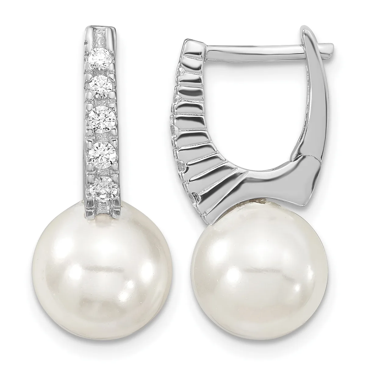 Pair of silver hoop earrings with diamond-set posts and white pearl drops, shown from front and side views.