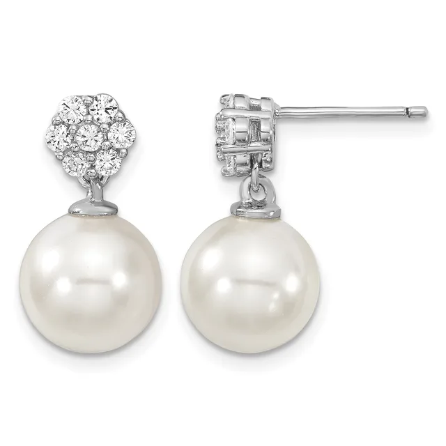 A pair of silver drop earrings with diamond-set stud tops and large round white pearl pendants, shown from front and back views.