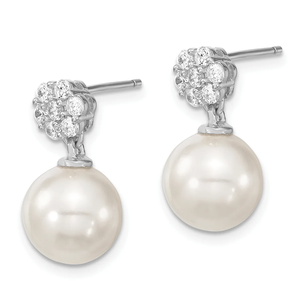 Pair of silver stud earrings with round white pearl drops suspended beneath clustered diamond tops.