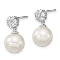 Pair of silver stud earrings with round white pearl drops suspended beneath clustered diamond tops.