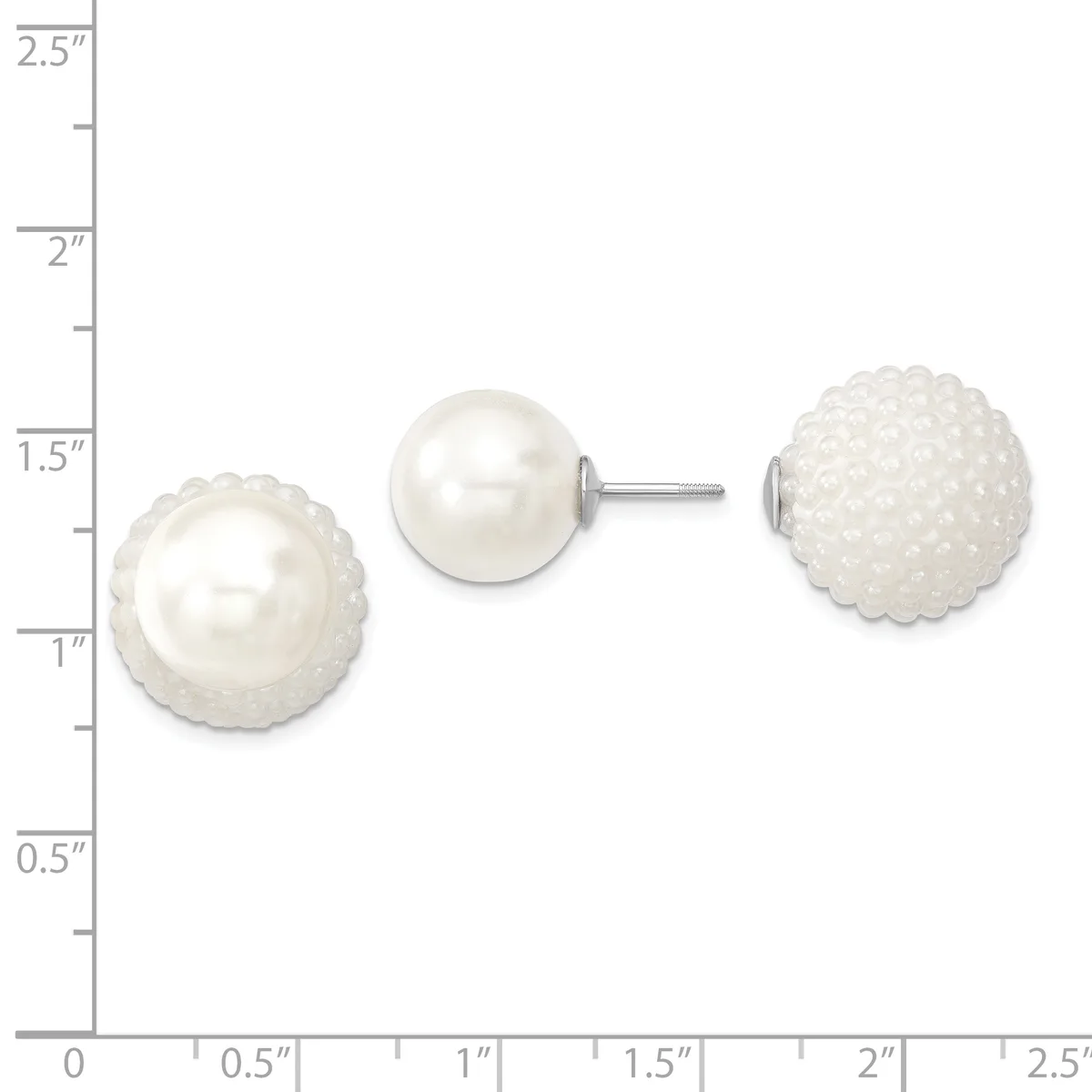 Three white pearl stud earrings with textured beaded surrounds displayed against a measurement scale, shown front and side views.