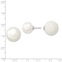Three white pearl stud earrings with textured beaded surrounds displayed against a measurement scale, shown front and side views.