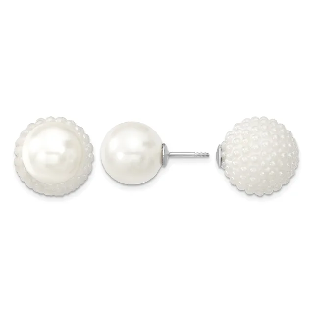 A pair of white pearl stud earrings with textured, beaded surfaces on silver posts, displayed front and back views.
