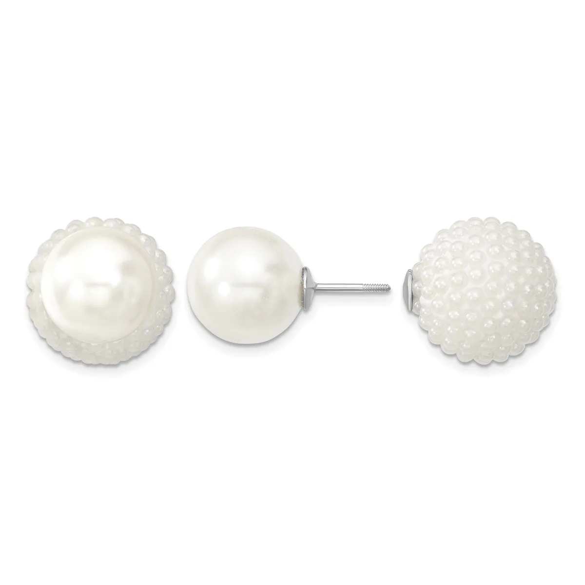 A pair of white pearl stud earrings with textured, beaded surfaces on silver posts, displayed front and back views.
