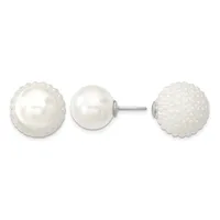 A pair of white pearl stud earrings with textured, beaded surfaces on silver posts, displayed front and back views.