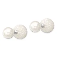 Two pairs of pearl stud earrings with smooth white pearl fronts and textured white pearl backs connected by small metal posts.