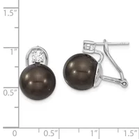 A pair of silver earrings with dark gray pearl drops and diamond studs, displayed next to a ruler showing approximately one inch in height.