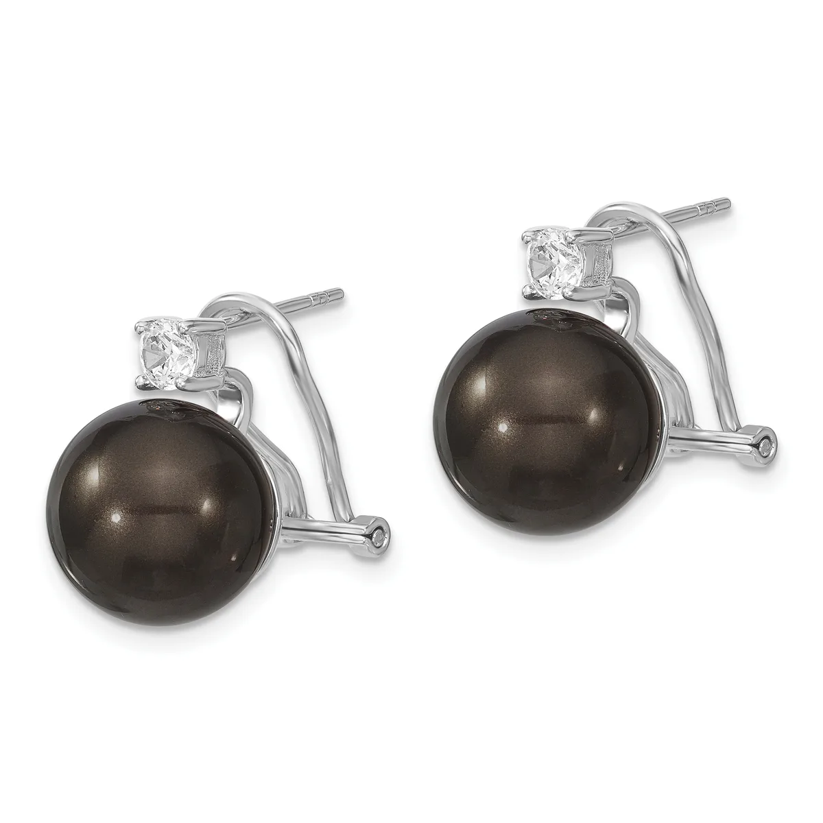 A pair of silver-toned earrings with black pearl drops and small round cubic zirconia stones mounted above, displayed against a white background.
