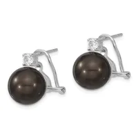 A pair of silver-toned earrings with black pearl drops and small round cubic zirconia stones mounted above, displayed against a white background.