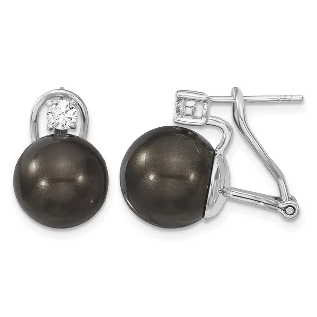 Pair of silver earrings with round dark gray pearl drops topped with round diamond studs, shown from front and side angles.