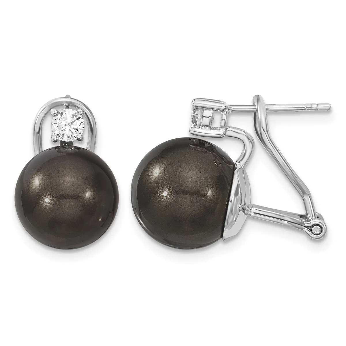 Pair of silver earrings with round dark gray pearl drops topped with round diamond studs, shown from front and side angles.