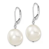 A pair of silver lever-back earrings with round white pearl drops suspended from small connector loops.