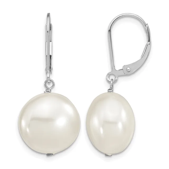 Pair of silver leverback earrings with round and oval white pearl drops suspended from thin chains.