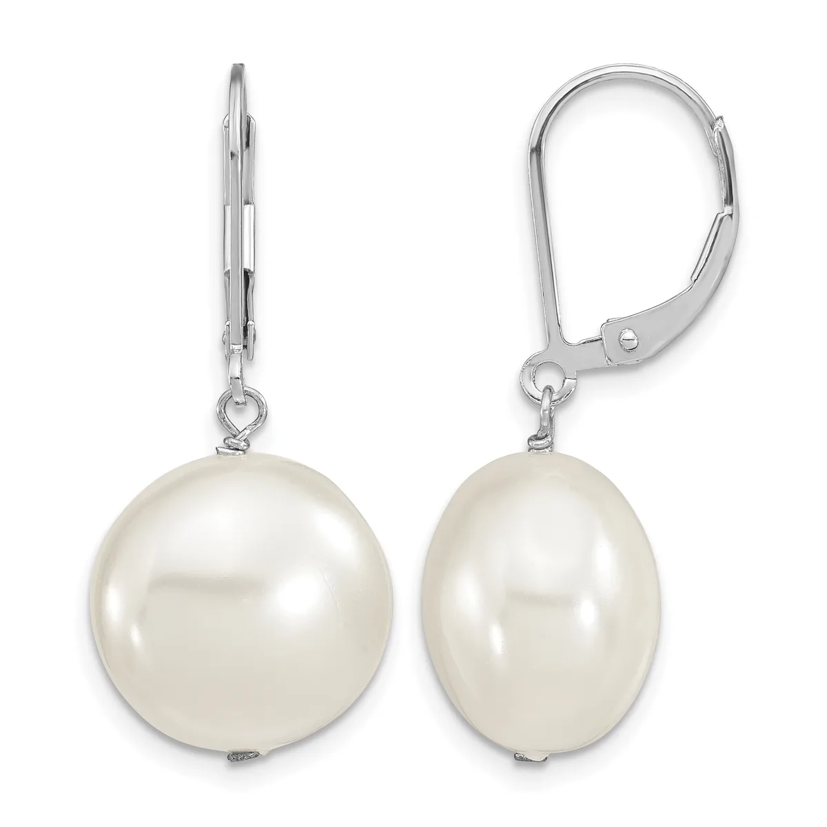 Pair of silver leverback earrings with round and oval white pearl drops suspended from thin chains.